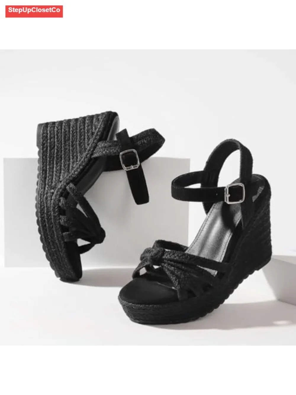 Woven Espadrille Wedge Sandals - Open Toe Platform with Ankle Buckle